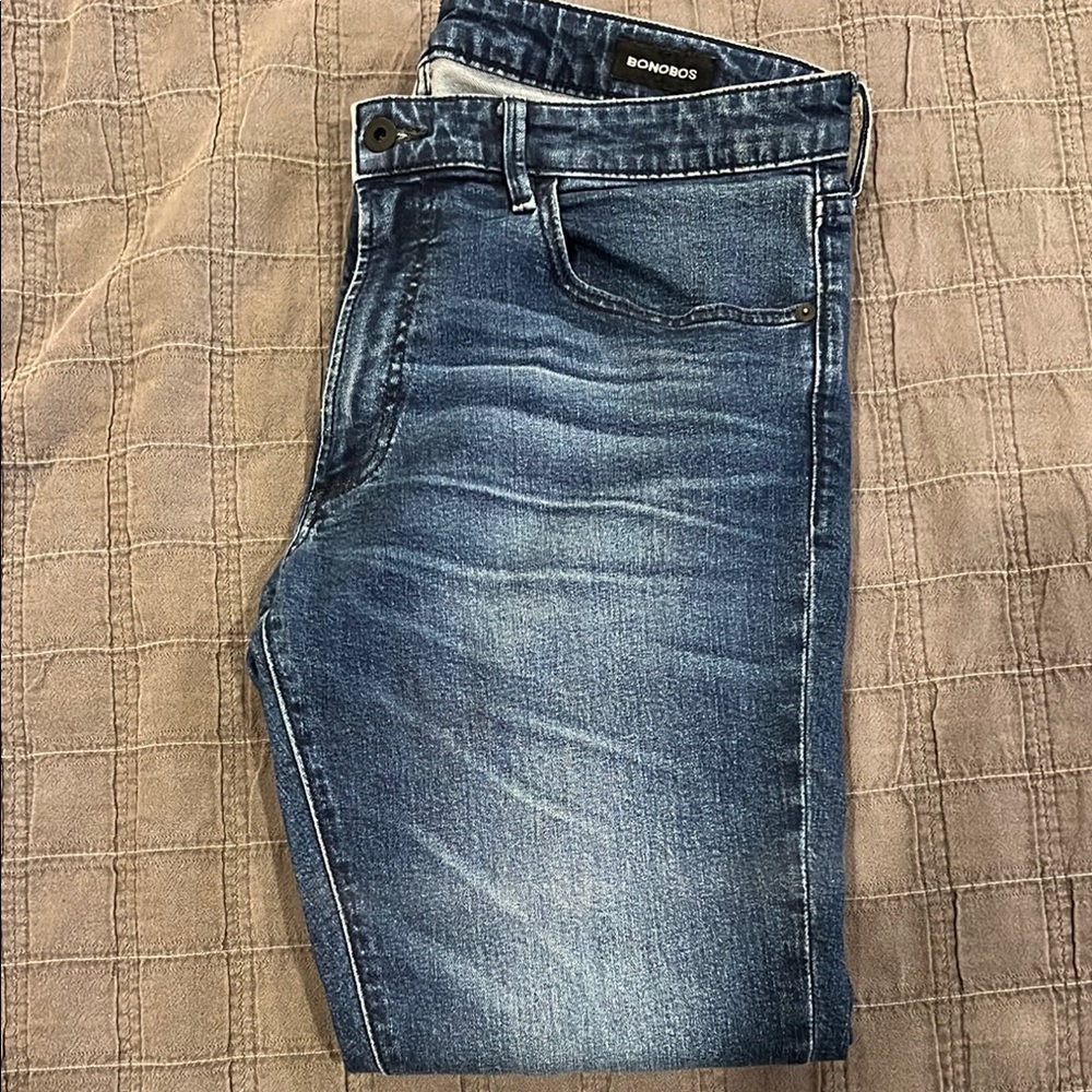 Bonobos Blue Slim Jeans with Vintage Wash and Distressed Details